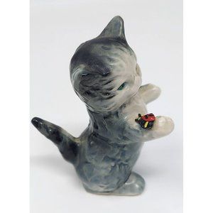 Vintage Goebel Gray Cat Kitten Green Eyes with Lady Bug Figurine Charming Mini